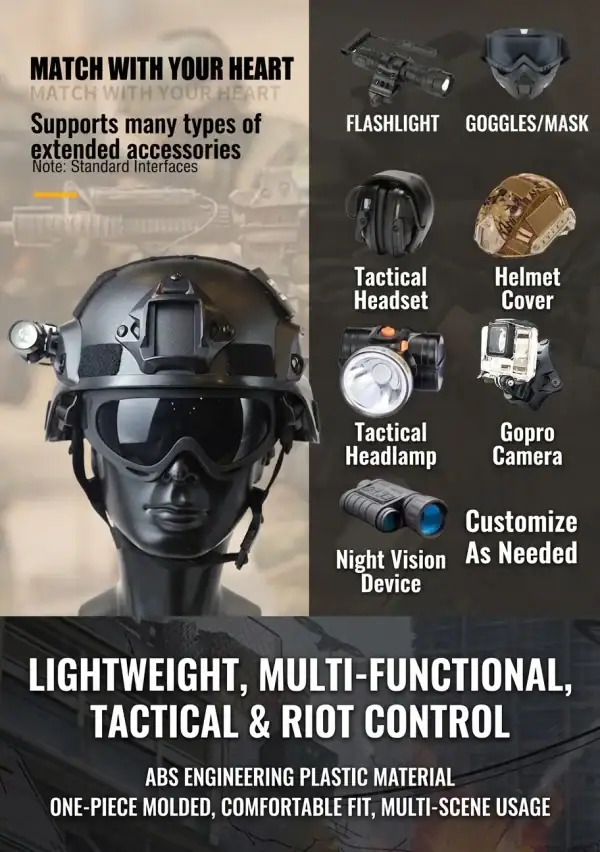 Tactical rail helmet for outdoor sports and CS field protection with accessories like flashlight, goggles, and headlamp.