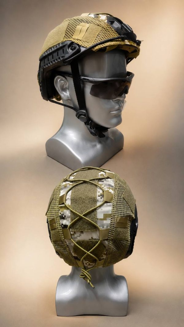 Tactical mesh helmet cover in tan for outdoor and training helmets, designed for military and tactical use.