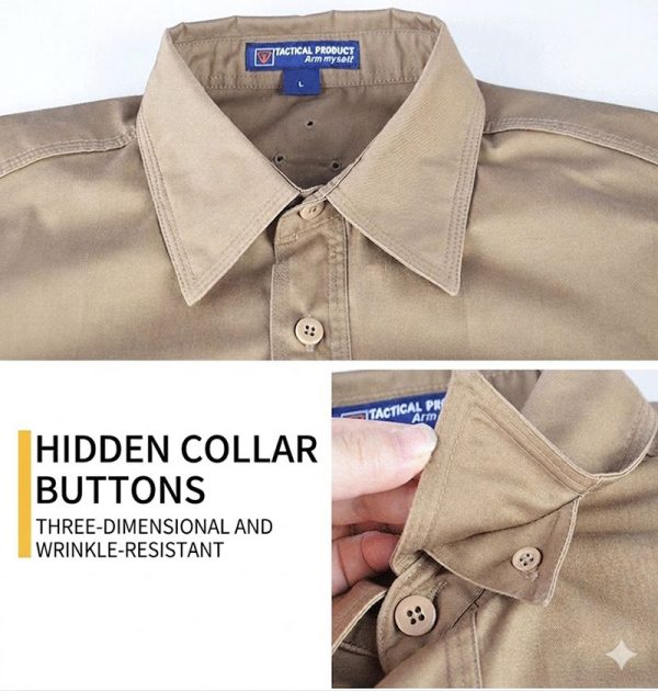 SHL26 Men's Long Sleeve Tactical Shirt in beige with hidden collar buttons and outdoor utility style.