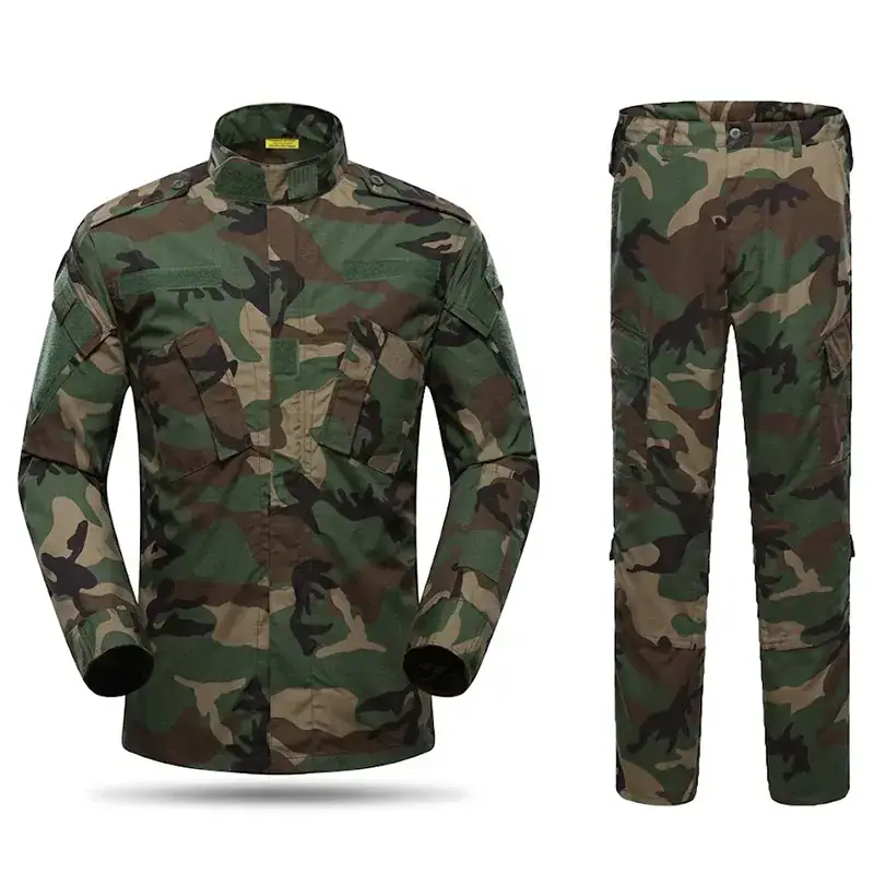 Men's camouflage training suit with jacket and pants in green, brown, and black colors.