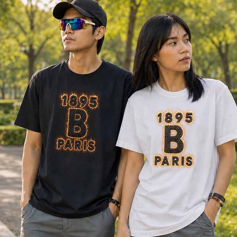TSS52 Japanese Retro Cotton Short Sleeve T-Shirt with Raised Letter Design in black and white.