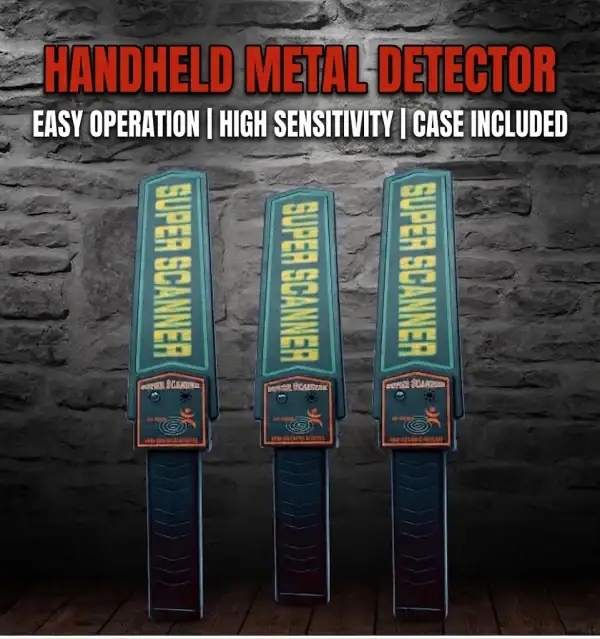 Handheld metal detector security scanner MD-3003B1 in blue with high sensitivity and case included.