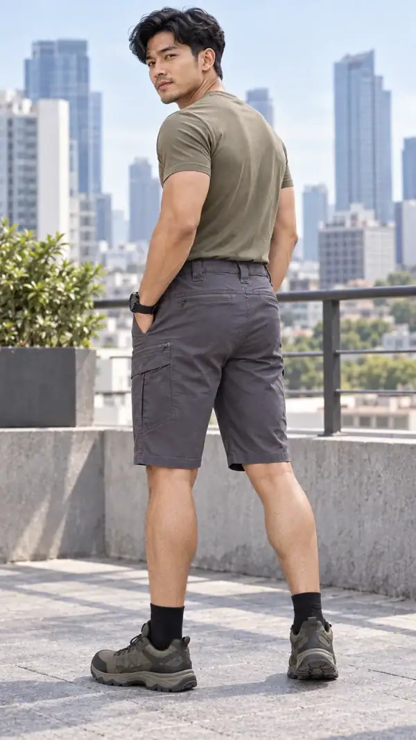 Men's tactical cargo shorts in gray with multiple pockets, suitable for outdoor and tactical activities.