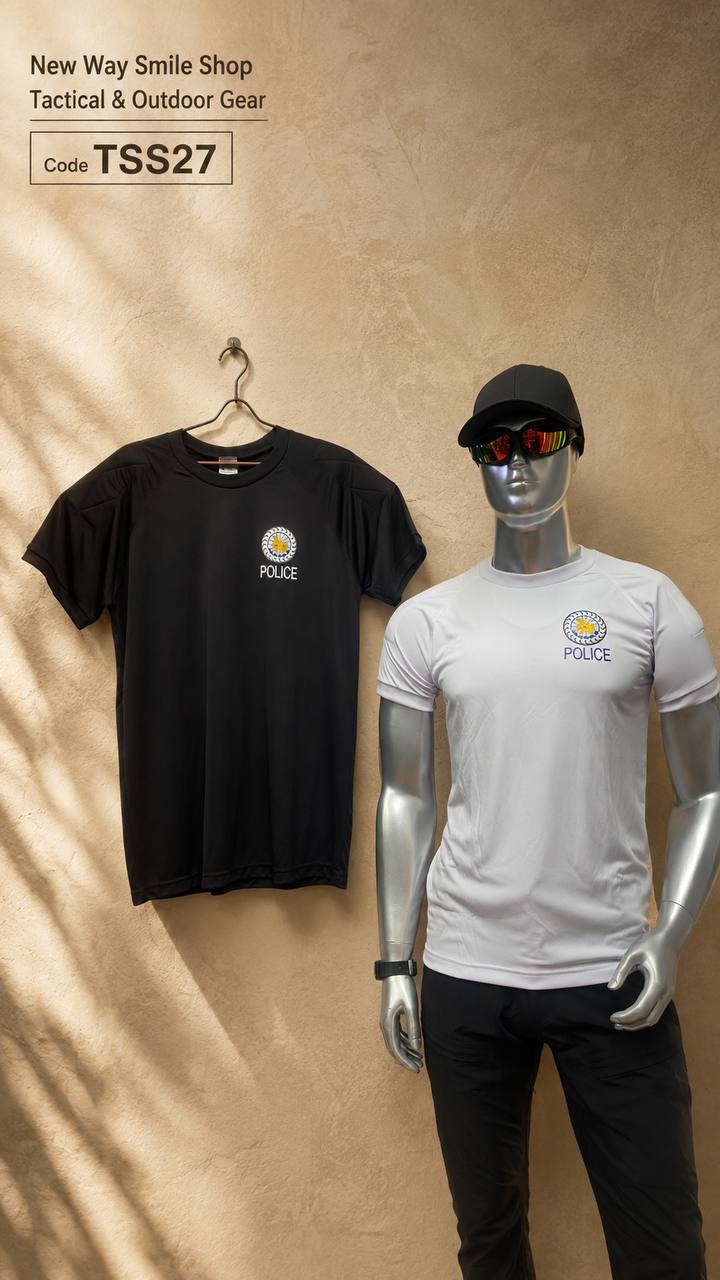 TSS27 Tactical T-Shirt - Short-Sleeve Crew-Neck Top with Structured Shoulder Panels and Police Chest Graphic