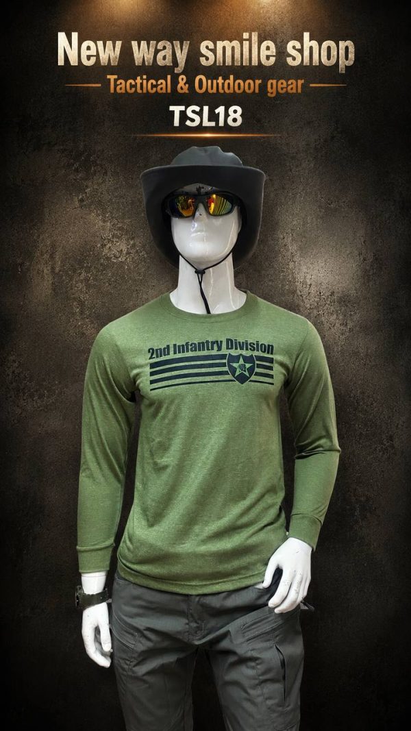 Military-inspired long sleeve tactical shirt with printed chest and back graphics in green color.