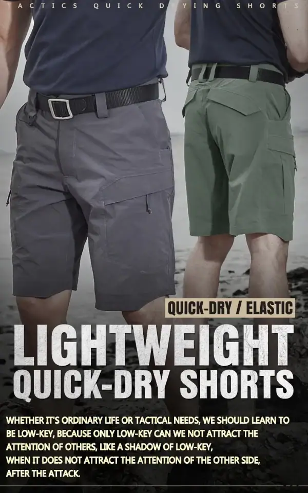 SR09 lightweight quick-dry elastic tactical cargo shorts in gray and green for outdoor use.
