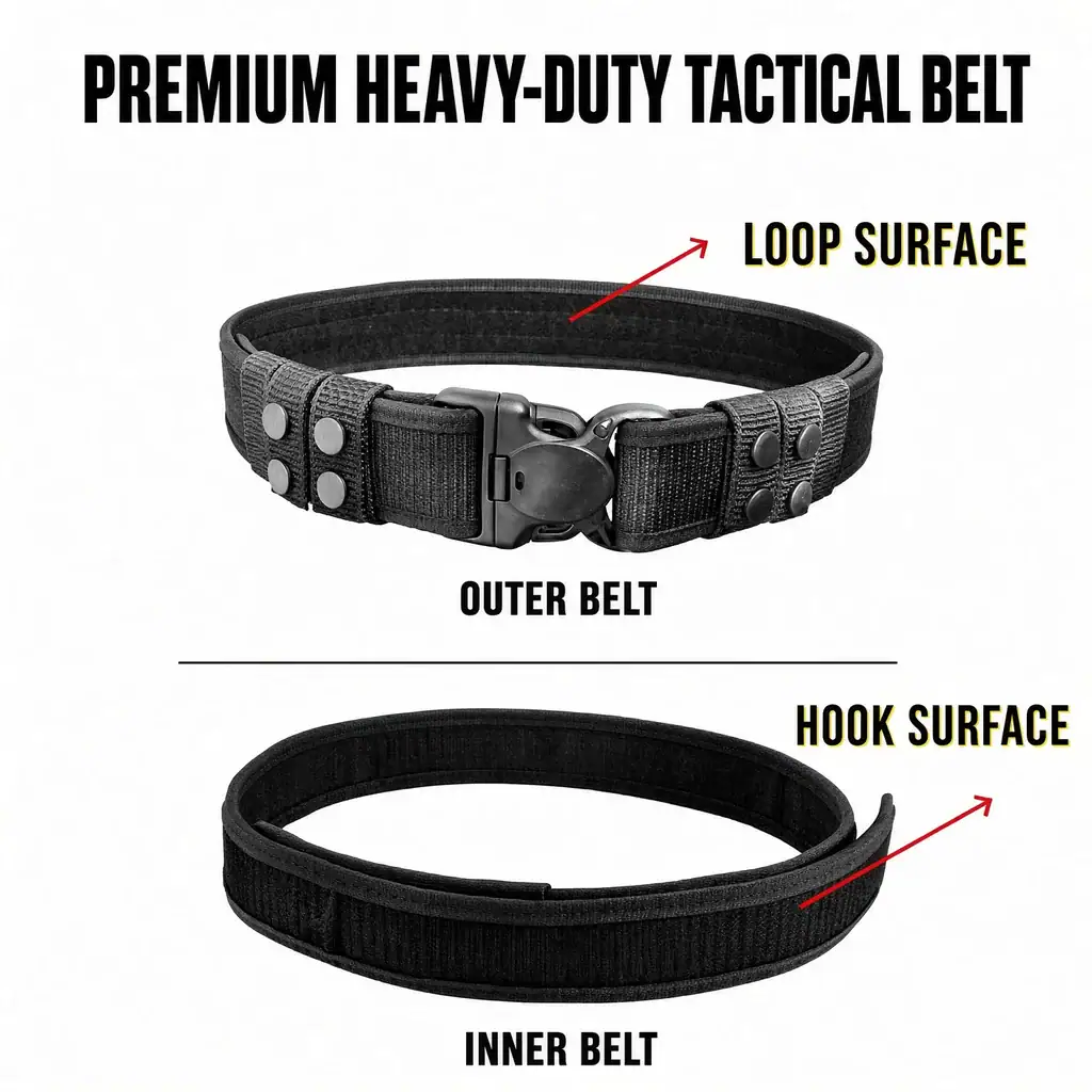 Heavy-duty tactical belt with triple-lock buckle and inner belt for outdoor use.