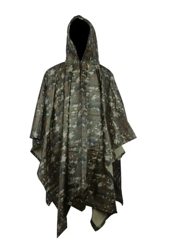 Camouflage waterproof rain poncho for outdoor and tactical use, with hood and loose fit, ideal for tactical activities.