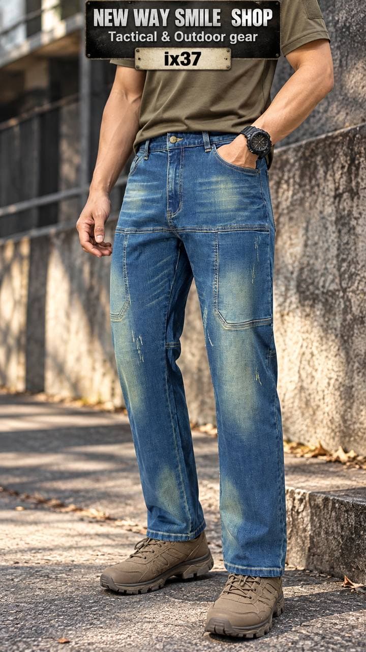 IX37 Men's Washed Denim Utility Jeans with Straight-Leg Casual Tactical Style