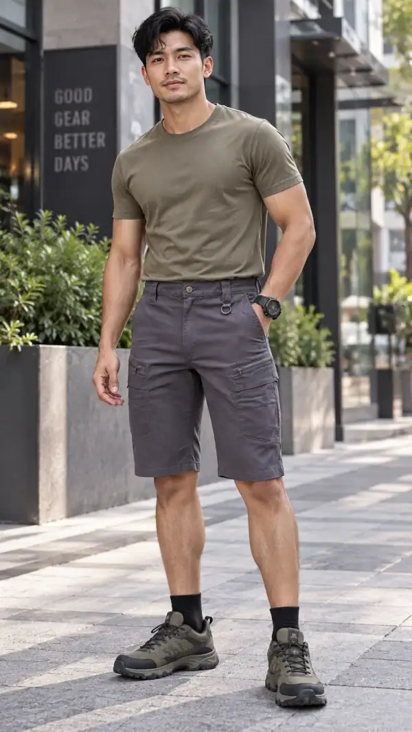 SR05 Men's Tactical Cargo Shorts in gray with tactical style for outdoor activities.