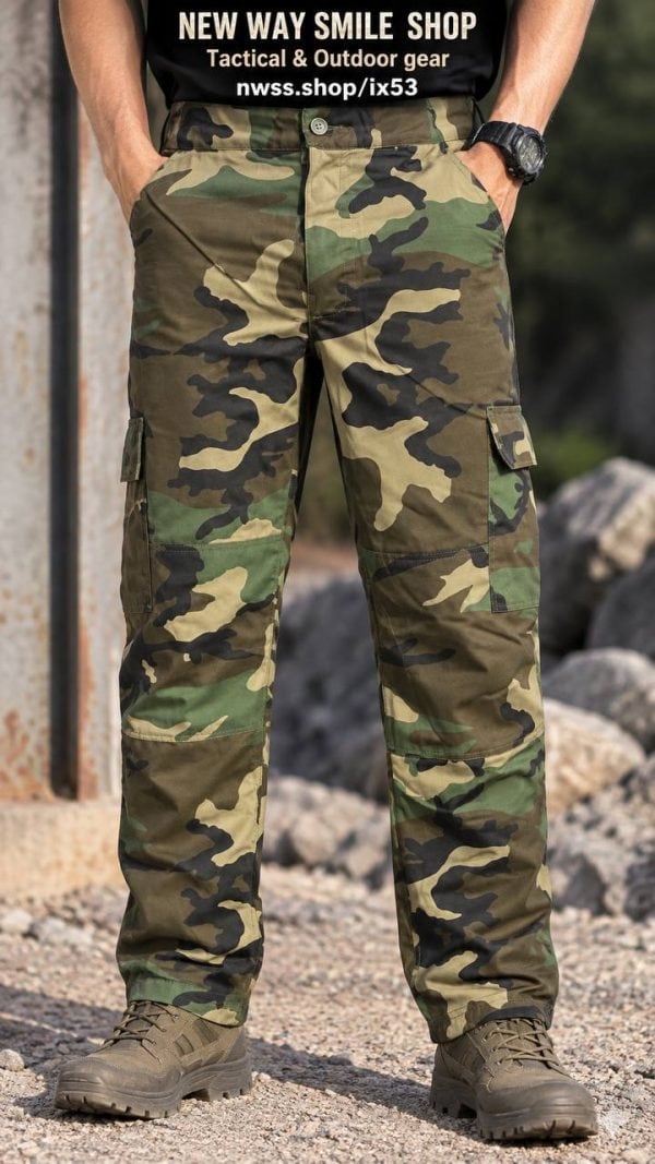 Woodland camouflage cargo pants for outdoor, tactical, and everyday use.
