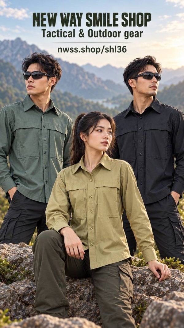 Long sleeve tactical outdoor shirt in khaki for outdoor activities and tactical use.