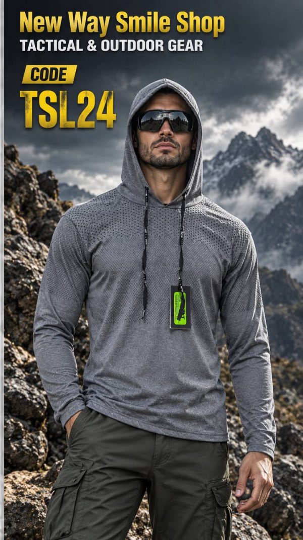 Men's hooded long-sleeve outdoor shirt with ventilated panels and reflective back detail in gray.
