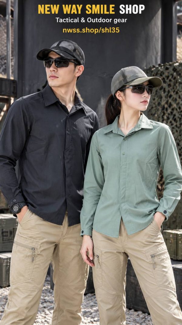 Lightweight Long Sleeve Tactical Shirt in black and khaki for outdoor and tactical use.