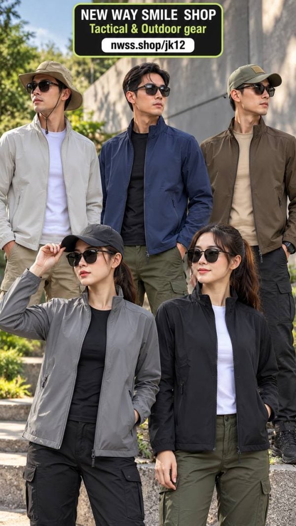 Men's lightweight stand collar commuter jacket in navy blue, beige, gray, and black styles for outdoor and tactical use.
