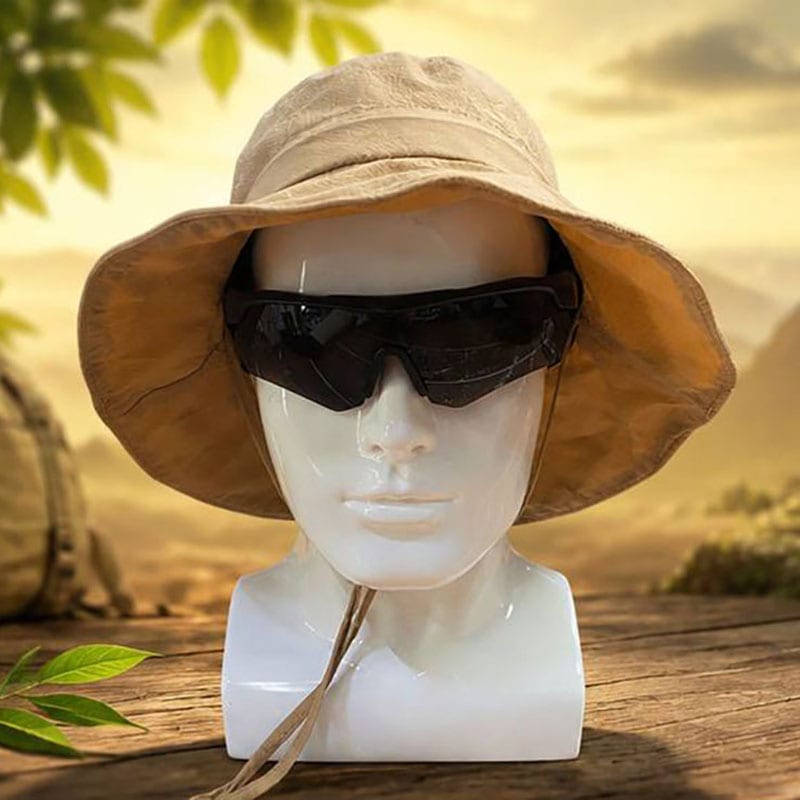 H14 Wide-Brim Outdoor Sun Hat with adjustable chin cord in beige style for tactical outdoor use.