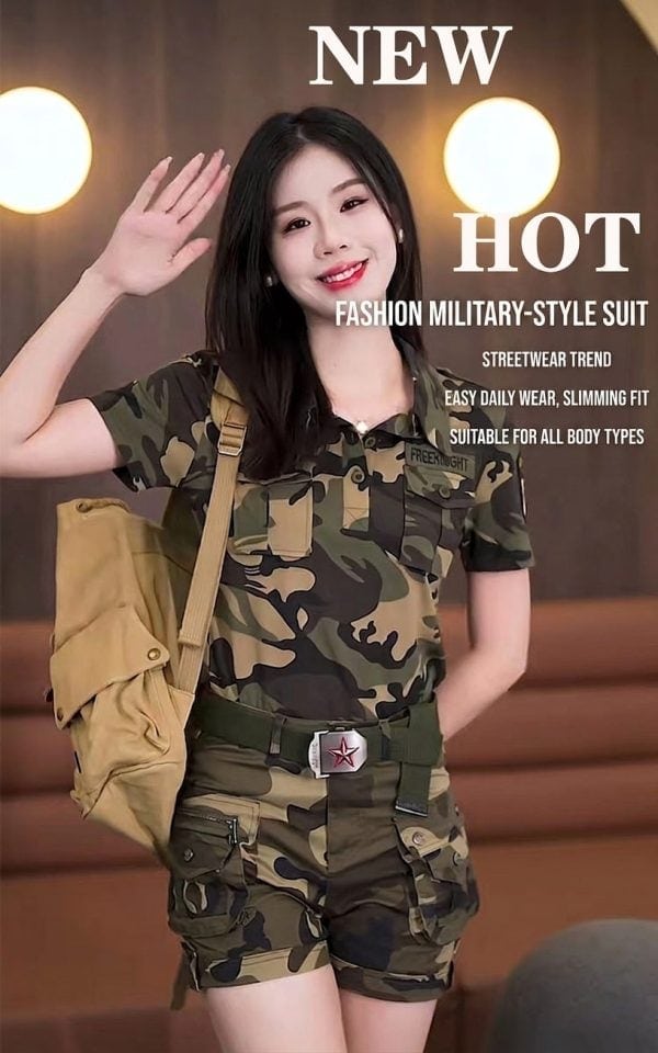 Women's tactical cargo shorts with belt and multi-pocket outdoor style in camouflage pattern.
