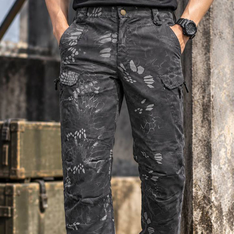 IX45 Dark Camouflage Tactical Cargo Pants for daily outdoor use, featuring a dark camouflage pattern and multiple pockets.