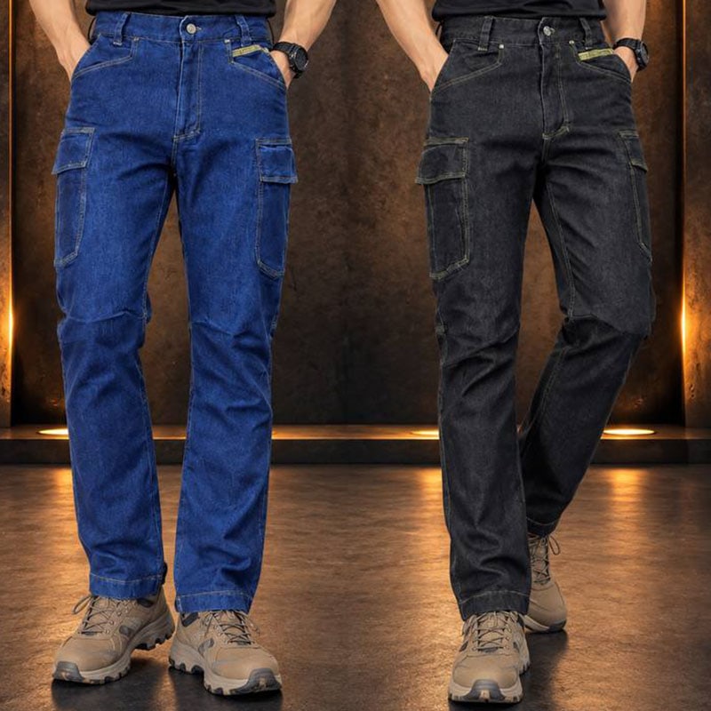 IX35 Denim Cargo Tactical Pants with Utility Pockets in blue and black for outdoor wear.
