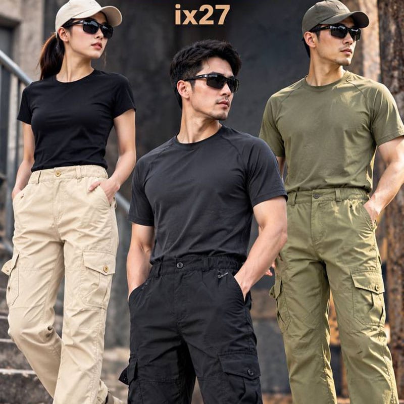 Men and women wearing IX27 lightweight tactical cargo pants with elastic waist and side pockets in black, beige, and green.