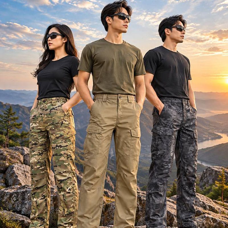 Men and women wearing tactical cargo pants in outdoor setting with mountains and sunset.