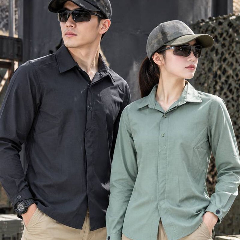 Lightweight long sleeve tactical shirts in black and green worn by a man and woman with sunglasses.