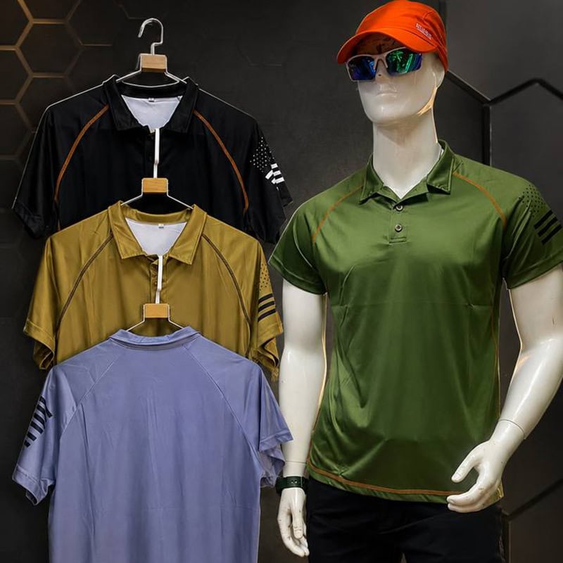 TSS45 Tactical Polo Shirt in green with contrast panel stitching and flag-style sleeve graphic on a mannequin.