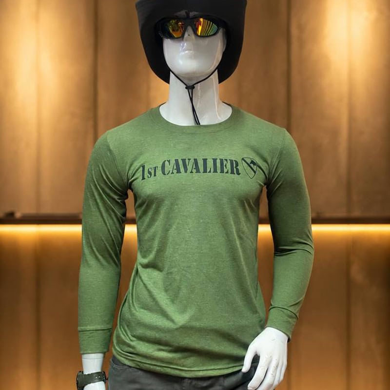 TSL20 1st Cavalier Graphic Long-Sleeve Tactical Shirt in green on mannequin with hat and sunglasses.
