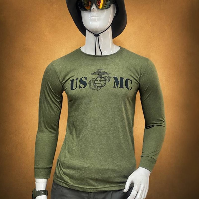 USMC graphic long-sleeve tactical shirt in olive green with military emblem and text.
