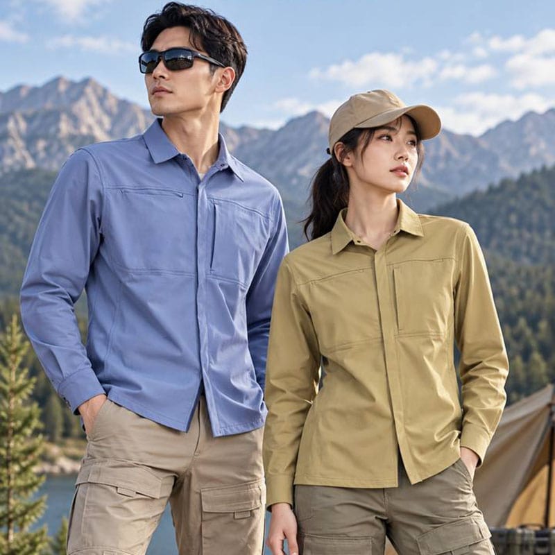 Outdoor shirt jacket for men and women, in blue and khaki, suitable for daily wear and light outdoor activities.