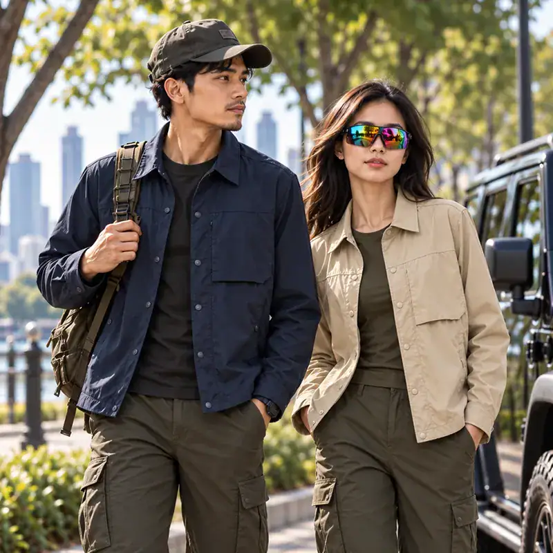 JK13 lightweight quick-dry stretch long-sleeve shirt jacket in beige and navy for outdoor activities.