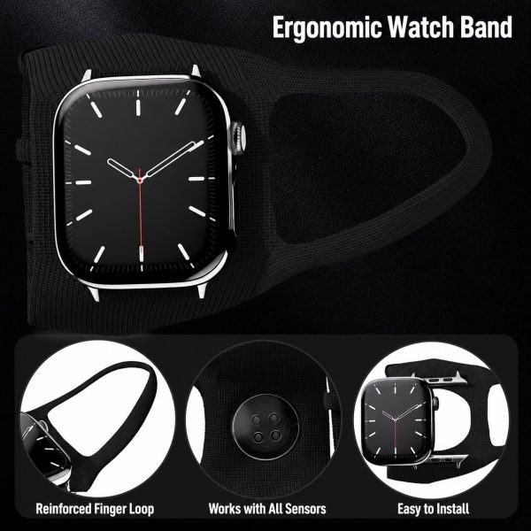 Nylon sports watch strap for Apple Watch 46mm, ergonomic design, black color, easy to install, compatible with all sensors.
