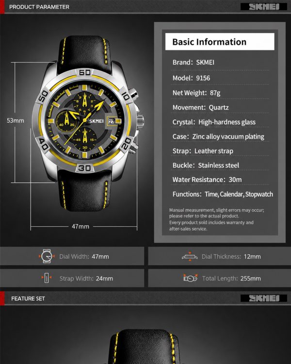 W12 Bold multifunction quartz watch with black leather strap and yellow accents, featuring date display and stainless steel b.
