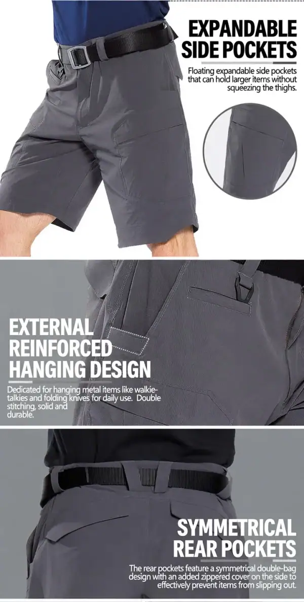 Lightweight tactical cargo shorts with expandable side pockets and reinforced design for outdoor use.