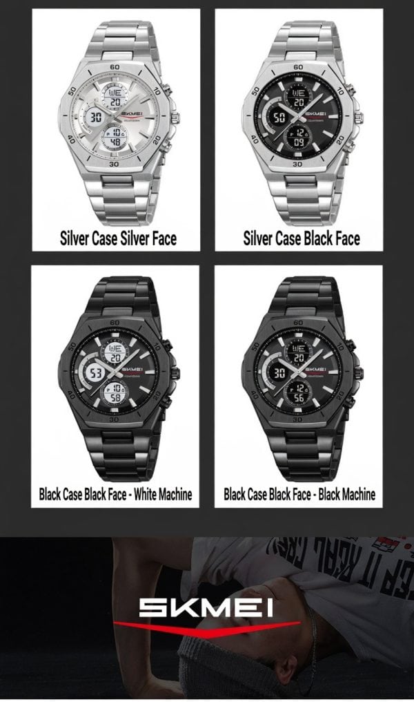 Stainless steel SKMEI multifunction electronic watch with silver and black cases and matching bands.