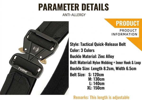 TBK10 Tactical Quick-Release MOLLE Belt with inner hook-and-loop, black color, zinc alloy buckle, nylon webbing.