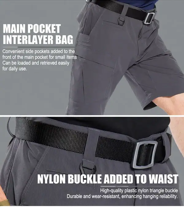 Lightweight tactical cargo shorts in gray with multiple pockets and nylon buckle for outdoor use.