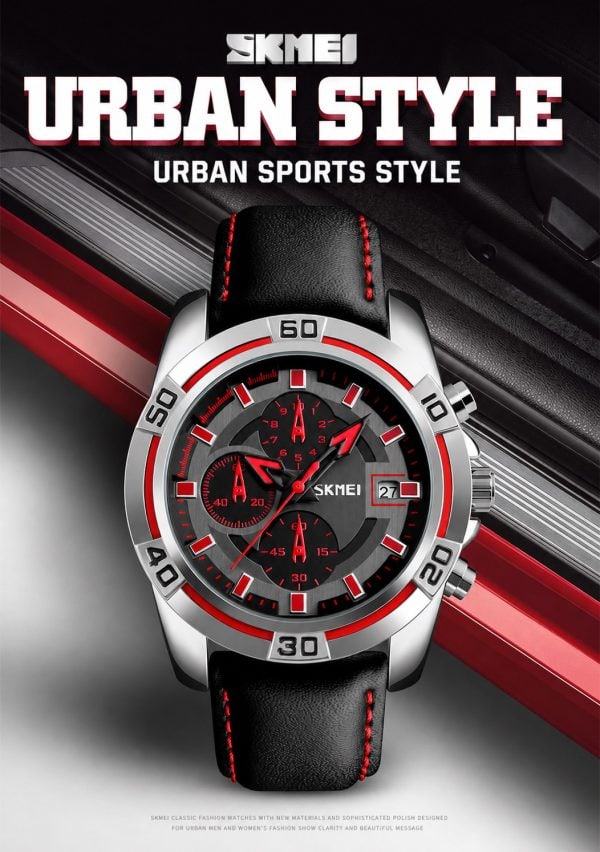 W12 Bold Multifunction Quartz Watch with Leather Strap and Date Display, black and red style, outdoor and tactical design.