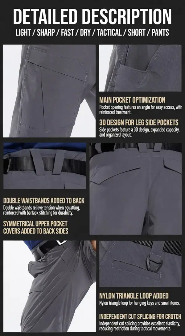 SR09 lightweight quick-dry elastic tactical cargo shorts in gray with main pocket optimization and double waistband.