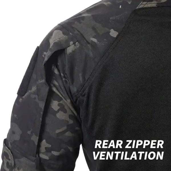 Tactical camouflage long sleeve combat shirt with rear zipper ventilation for outdoor use.