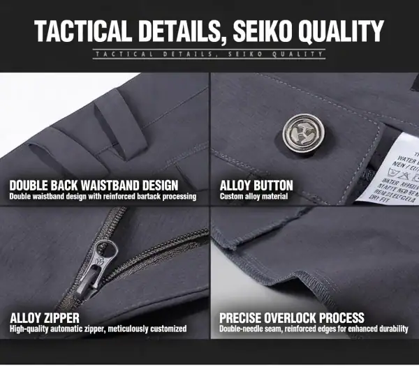 Tactical cargo shorts in dark gray with alloy button and zipper, designed for outdoor and tactical use.