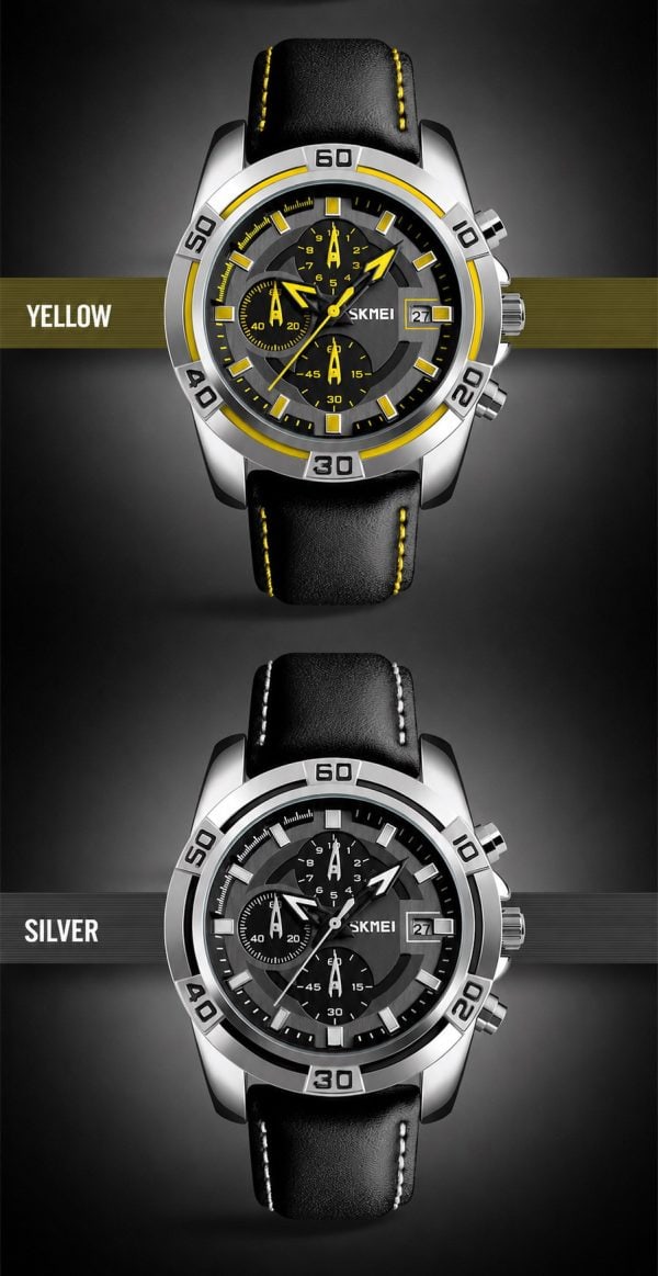 W12 Bold Multifunction Quartz Watch with Leather Strap in yellow and silver colors.
