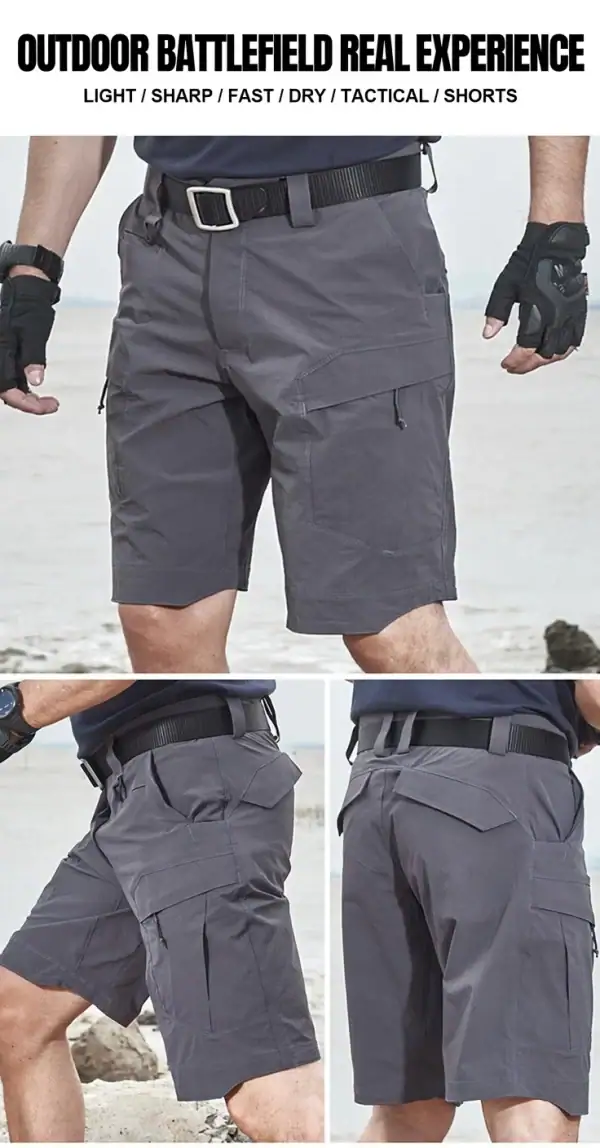 SR09 lightweight quick-dry elastic tactical cargo shorts in gray for outdoor activities.