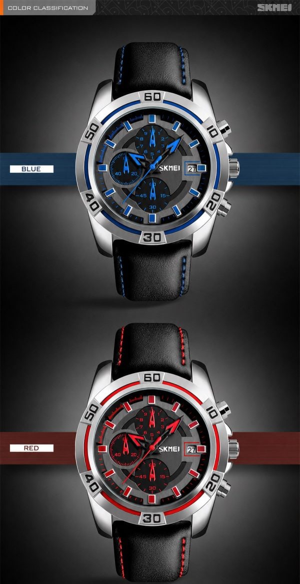 W12 Bold Multifunction Quartz Watch with Leather Strap and Date Display in blue and red styles.