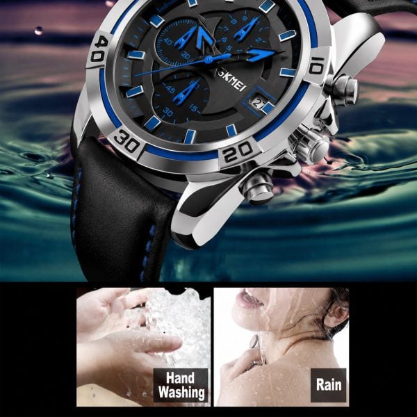 W12 Bold Multifunction Quartz Watch with Leather Strap and Date Display, black dial with blue accents and leather strap.