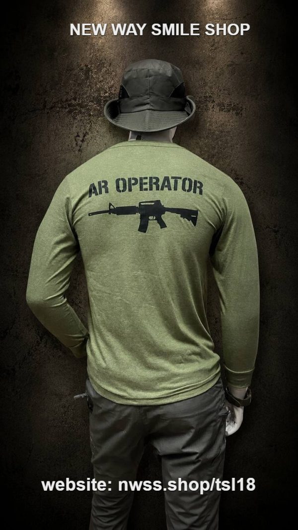 Military-inspired long sleeve tactical shirt with printed chest and back graphics for outdoor and tactical use.