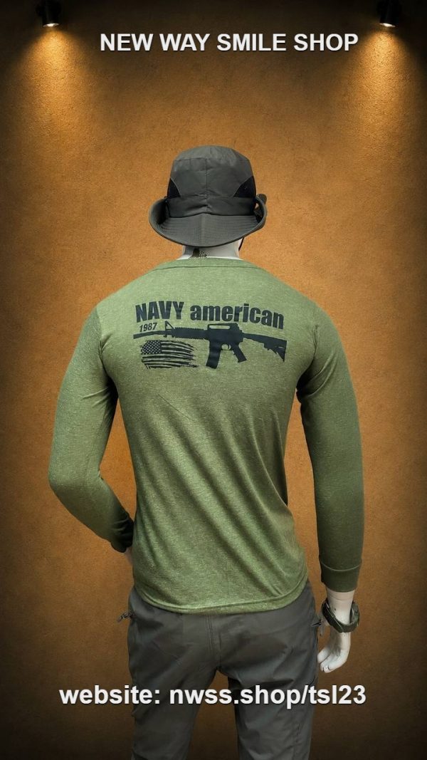 TSL23 USMC Graphic Long-Sleeve Tactical Shirt in green with navy design and text, tactical style for outdoor activities.