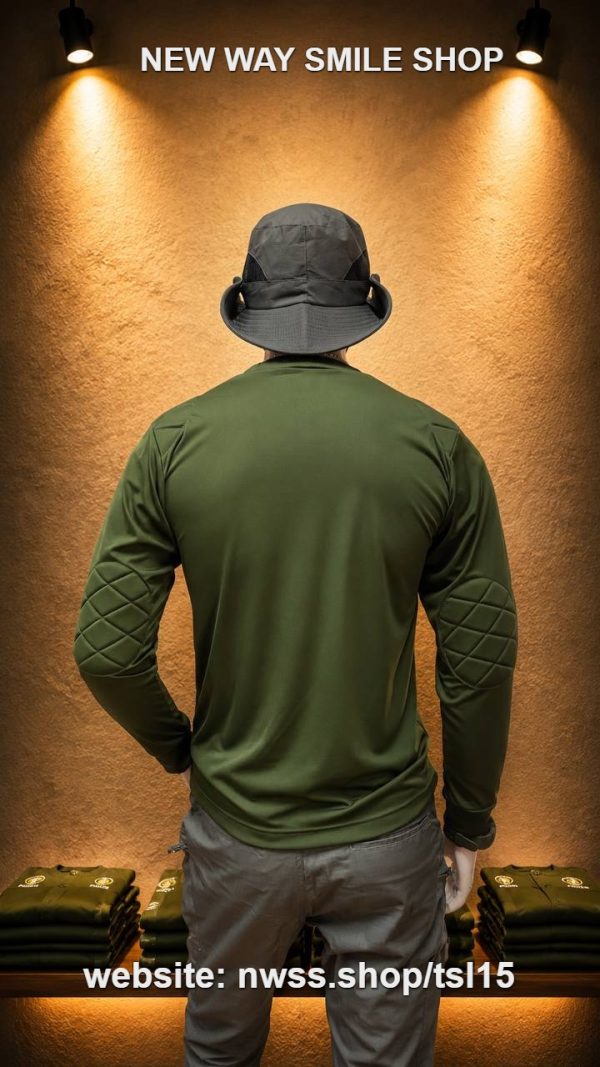 Police embroidered tactical long-sleeve shirt in dark green with quilted elbow patches.