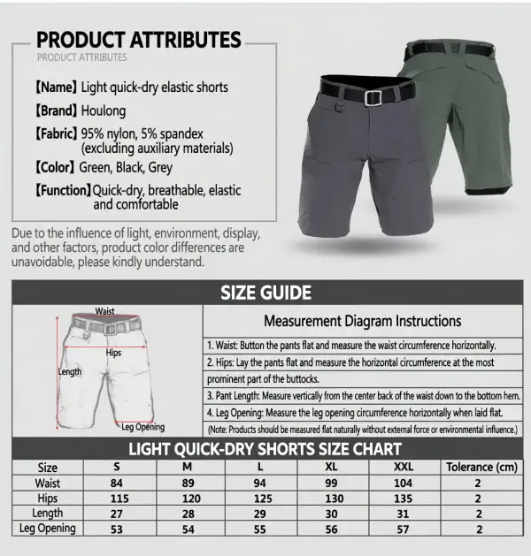 Light quick-dry elastic tactical cargo shorts in green, black, and grey for outdoor and tactical use.