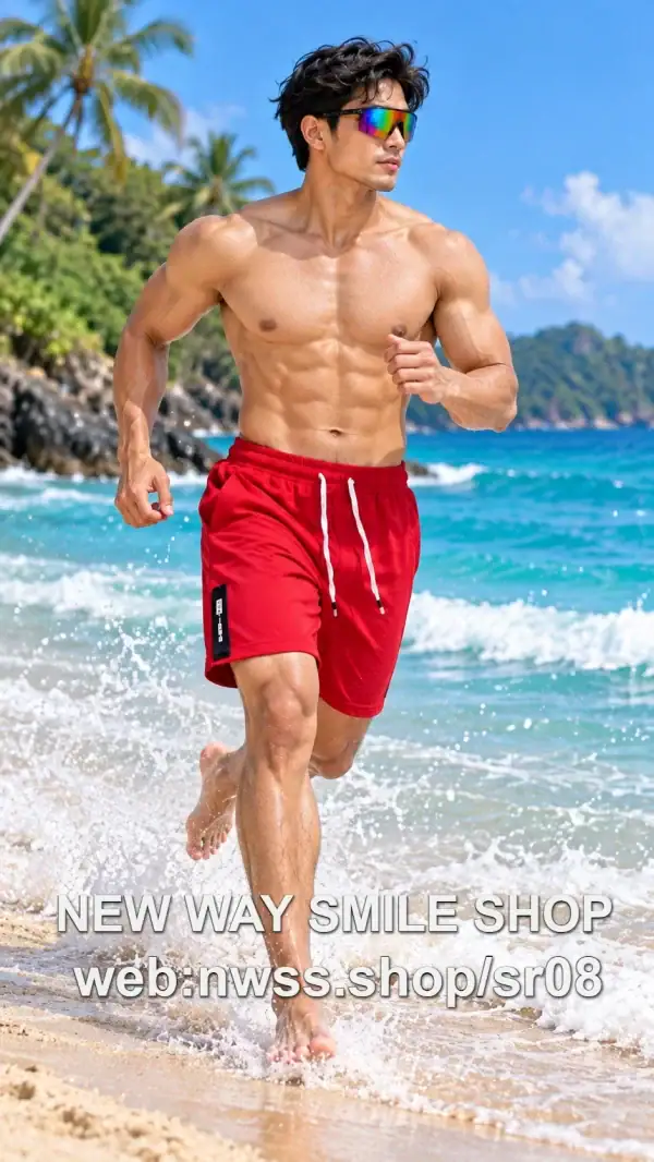 SR08 Men's Drawstring Outdoor Beach Shorts in red, lightweight and quick-drying for beach and outdoor activities.